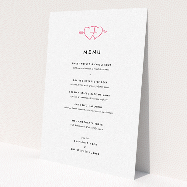 A wedding menu card design named 'Shot to the hearts'. It is an A5 menu in a portrait orientation. 'Shot to the hearts' is available as a flat menu, with tones of white and pink.