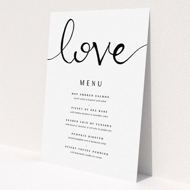 A wedding menu card called 'Simply Love'. It is an A5 menu in a portrait orientation. 'Simply Love' is available as a flat menu, with tones of white and black.