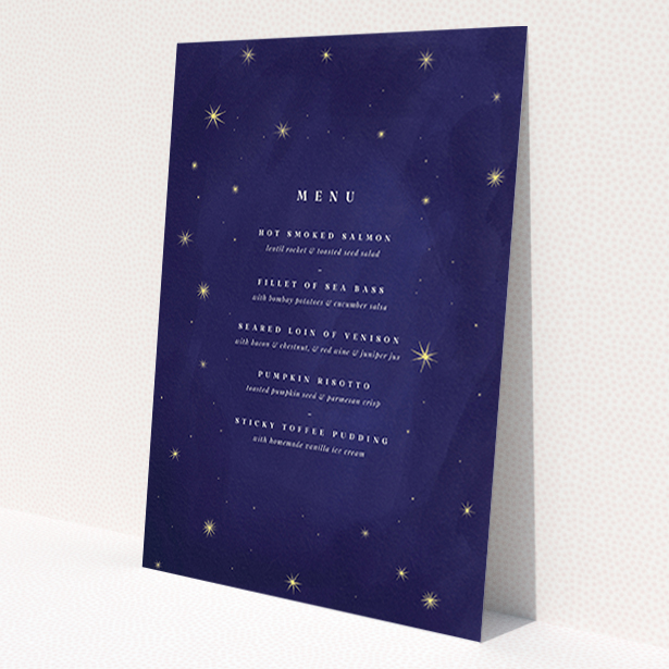 A wedding menu card design called 'Sky at night'. It is an A6 menu in a portrait orientation. 'Sky at night' is available as a flat menu, with tones of blue and gold.
