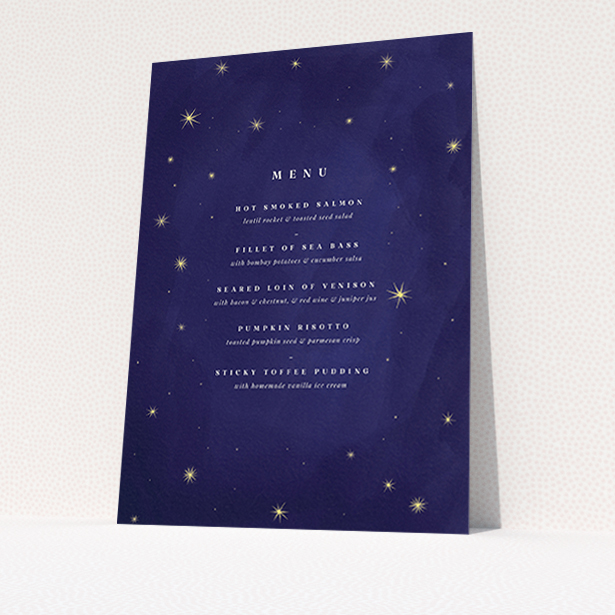 A wedding menu card design called "Sky at night". It is an A6 menu in a portrait orientation. "Sky at night" is available as a flat menu, with tones of blue and gold.