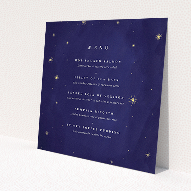 A wedding menu card named 'Sky at night'. It is a square (148mm x 148mm) menu in a square orientation. 'Sky at night' is available as a flat menu, with tones of blue and gold.