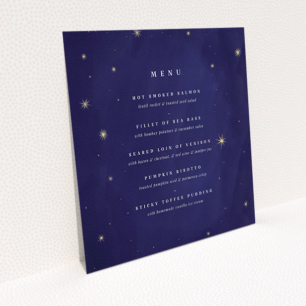 A wedding menu card named "Sky at night". It is a square (148mm x 148mm) menu in a square orientation. "Sky at night" is available as a flat menu, with tones of blue and gold.