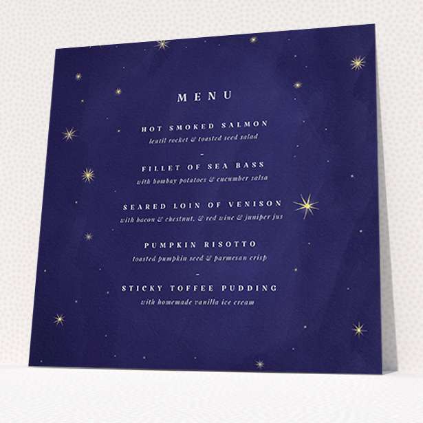 A wedding menu card named "Sky at night". It is a square (148mm x 148mm) menu in a square orientation. "Sky at night" is available as a flat menu, with tones of blue and gold.