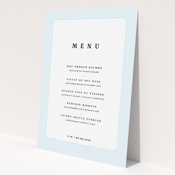 A wedding menu card design called 'Square slant'. It is an A6 menu in a portrait orientation. 'Square slant' is available as a flat menu, with tones of blue and white.