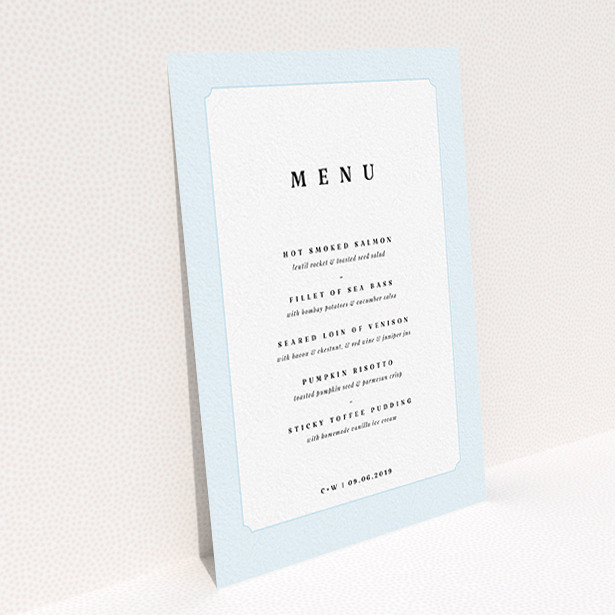 A wedding menu card design called "Square slant". It is an A6 menu in a portrait orientation. "Square slant" is available as a flat menu, with tones of blue and white.