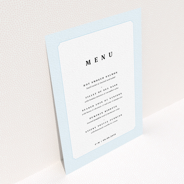 A wedding menu card design called "Square slant". It is an A6 menu in a portrait orientation. "Square slant" is available as a flat menu, with tones of blue and white.