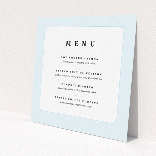 A wedding menu card design named 'Square slant'. It is a square (148mm x 148mm) menu in a square orientation. 'Square slant' is available as a flat menu, with tones of blue and white.
