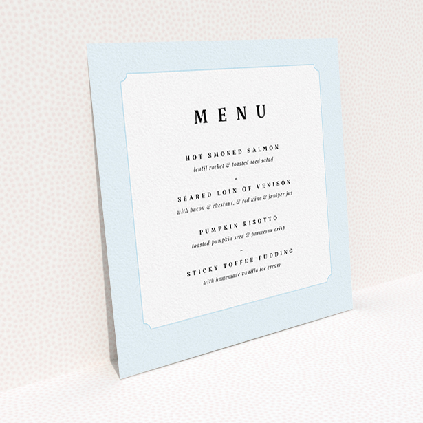 A wedding menu card design named "Square slant". It is a square (148mm x 148mm) menu in a square orientation. "Square slant" is available as a flat menu, with tones of blue and white.
