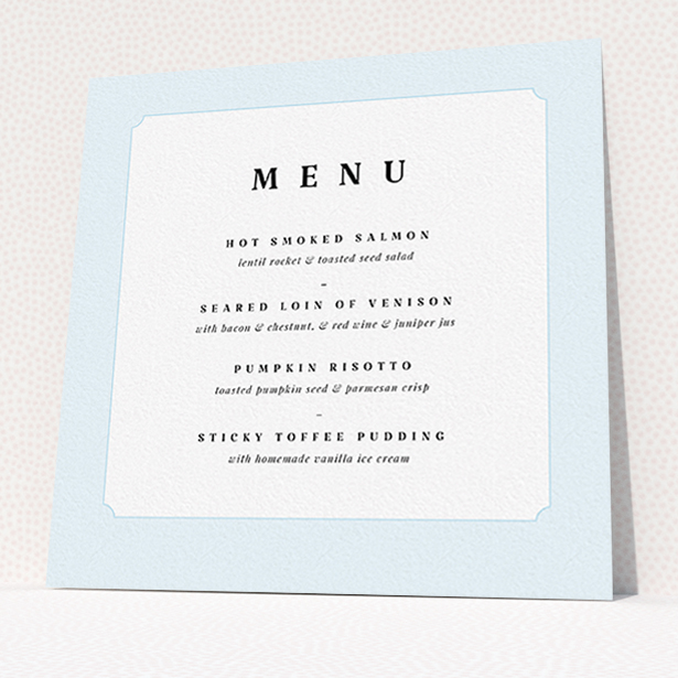 A wedding menu card design named "Square slant". It is a square (148mm x 148mm) menu in a square orientation. "Square slant" is available as a flat menu, with tones of blue and white.
