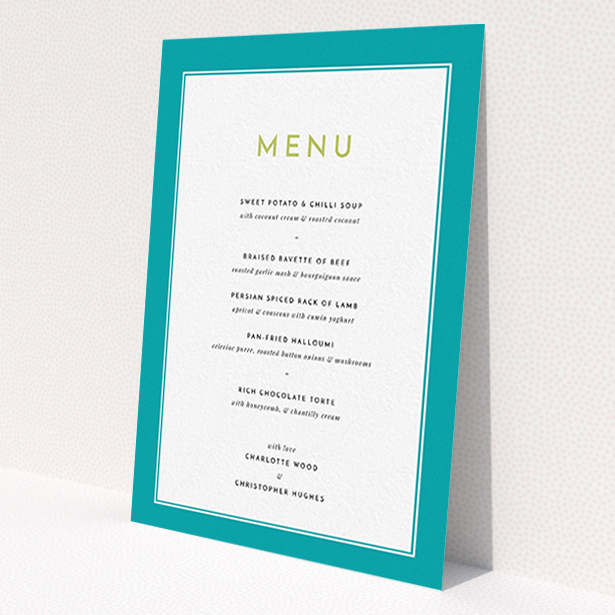 A wedding menu card template titled 'Striking Blue Border'. It is an A6 menu in a portrait orientation. 'Striking Blue Border' is available as a flat menu, with tones of green and white.