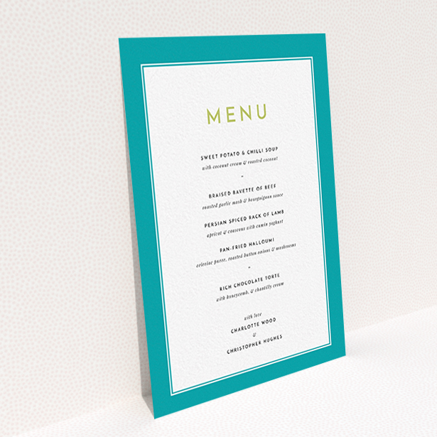 A wedding menu card template titled "Striking Blue Border". It is an A6 menu in a portrait orientation. "Striking Blue Border" is available as a flat menu, with tones of green and white.
