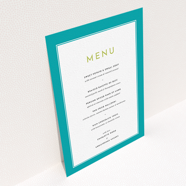 A wedding menu card template titled "Striking Blue Border". It is an A6 menu in a portrait orientation. "Striking Blue Border" is available as a flat menu, with tones of green and white.