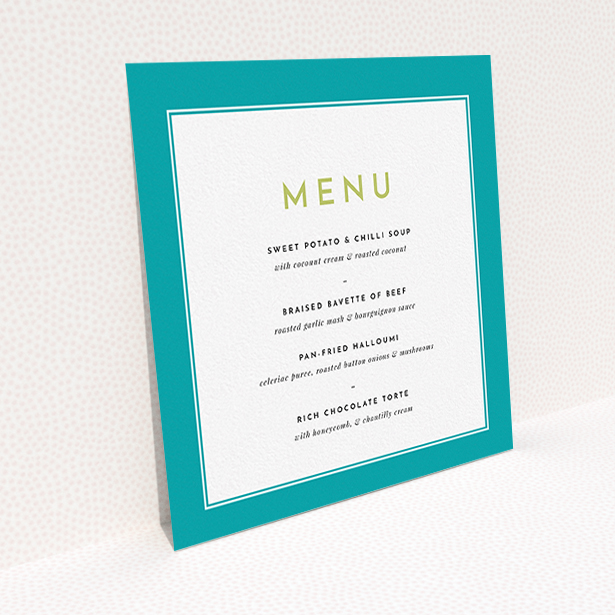 A wedding menu card called "Striking Blue Border". It is a square (148mm x 148mm) menu in a square orientation. "Striking Blue Border" is available as a flat menu, with tones of green and white.