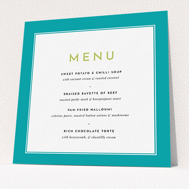 A wedding menu card called "Striking Blue Border". It is a square (148mm x 148mm) menu in a square orientation. "Striking Blue Border" is available as a flat menu, with tones of green and white.