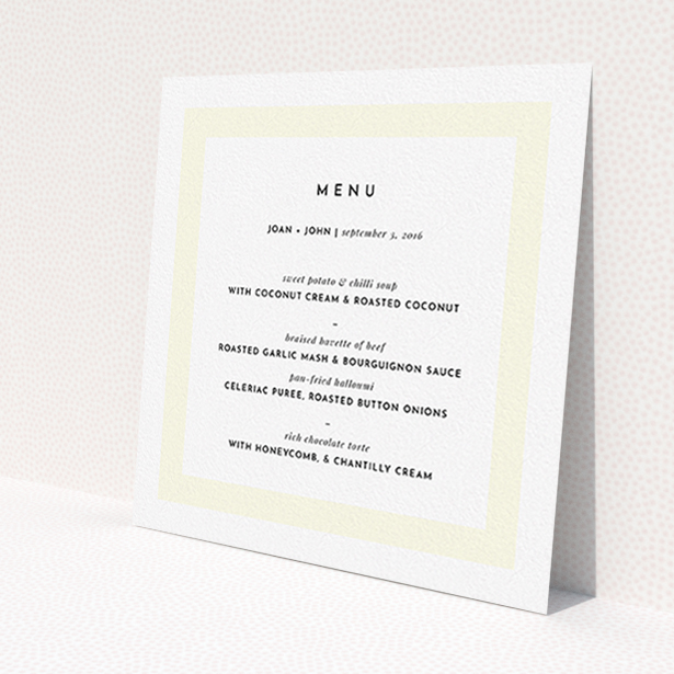 A wedding menu card design called 'Subtle Cream Border'. It is a square (148mm x 148mm) menu in a square orientation. 'Subtle Cream Border' is available as a flat menu, with mainly cream colouring.