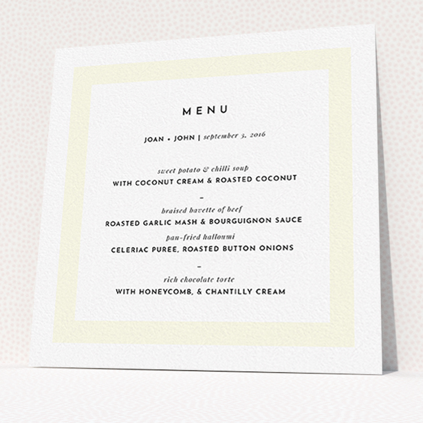 A wedding menu card design called "Subtle Cream Border". It is a square (148mm x 148mm) menu in a square orientation. "Subtle Cream Border" is available as a flat menu, with mainly cream colouring.