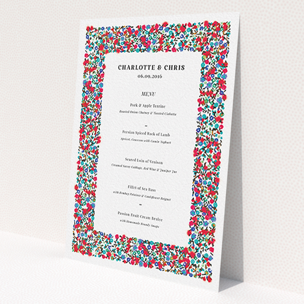 A wedding menu card design titled 'Summer from a distance'. It is an A6 menu in a portrait orientation. 'Summer from a distance' is available as a flat menu, with tones of white and red.