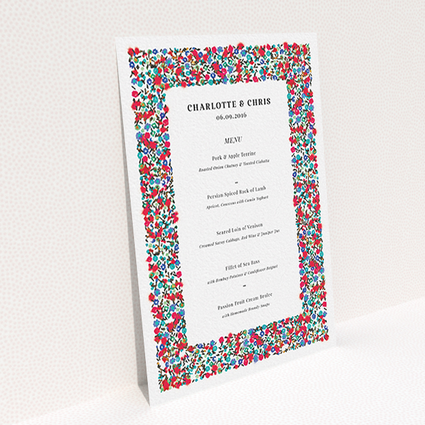 A wedding menu card design titled "Summer from a distance". It is an A6 menu in a portrait orientation. "Summer from a distance" is available as a flat menu, with tones of white and red.