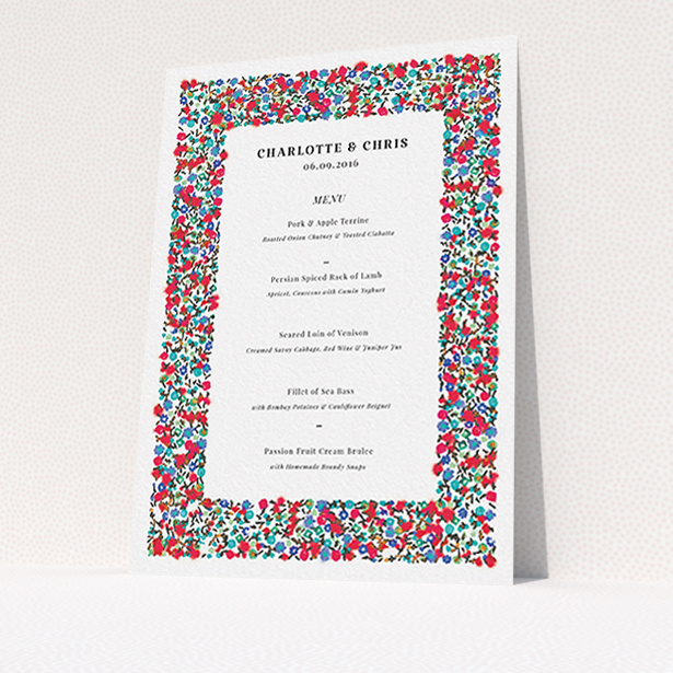 A wedding menu card design titled "Summer from a distance". It is an A6 menu in a portrait orientation. "Summer from a distance" is available as a flat menu, with tones of white and red.