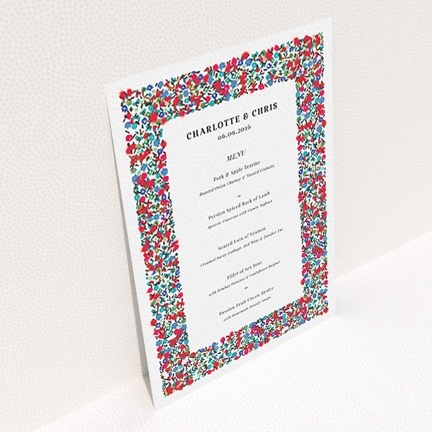 A wedding menu card design titled "Summer from a distance". It is an A6 menu in a portrait orientation. "Summer from a distance" is available as a flat menu, with tones of white and red.