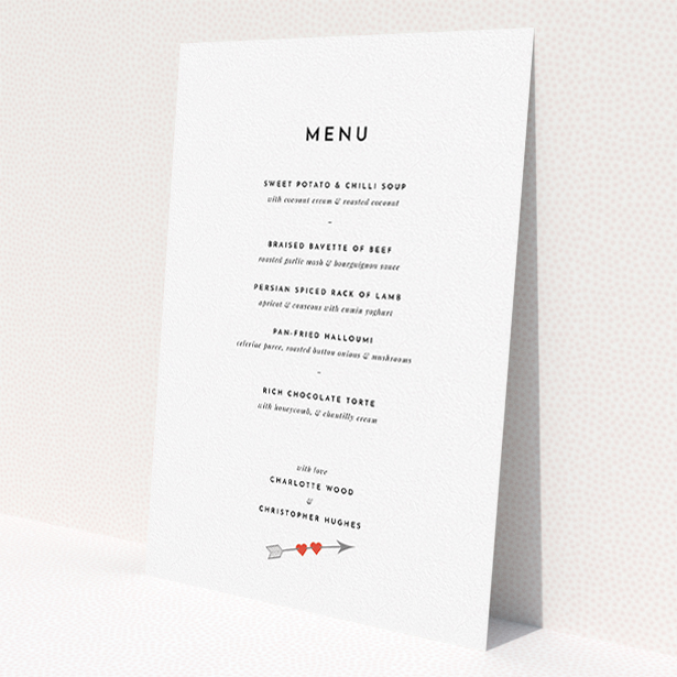 A wedding menu card design called 'Thanks Cupid'. It is an A5 menu in a portrait orientation. 'Thanks Cupid' is available as a flat menu, with tones of white and red.