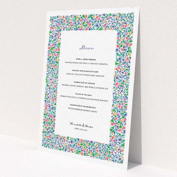 A wedding menu card called 'The faraway garden'. It is an A6 menu in a portrait orientation. 'The faraway garden' is available as a flat menu, with tones of white and green.