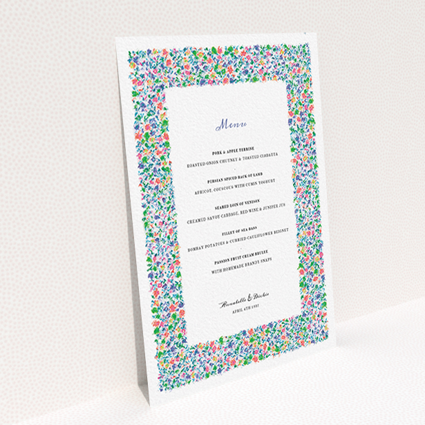A wedding menu card called "The faraway garden". It is an A6 menu in a portrait orientation. "The faraway garden" is available as a flat menu, with tones of white and green.