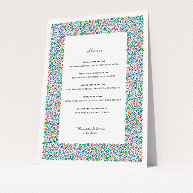 A wedding menu card called "The faraway garden". It is an A6 menu in a portrait orientation. "The faraway garden" is available as a flat menu, with tones of white and green.
