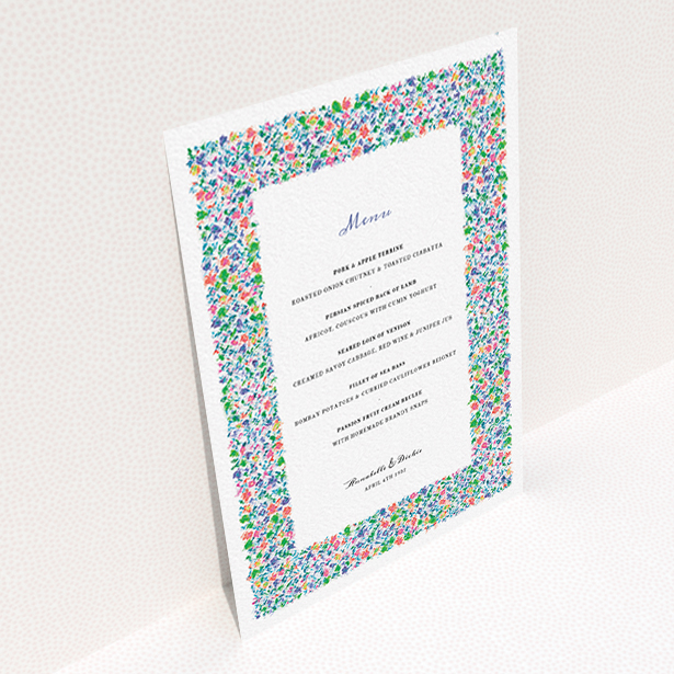 A wedding menu card called "The faraway garden". It is an A6 menu in a portrait orientation. "The faraway garden" is available as a flat menu, with tones of white and green.