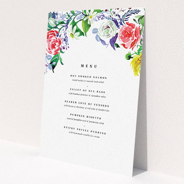 A wedding menu card design titled 'The flowerbed'. It is an A6 menu in a portrait orientation. 'The flowerbed' is available as a flat menu, with tones of white and green.