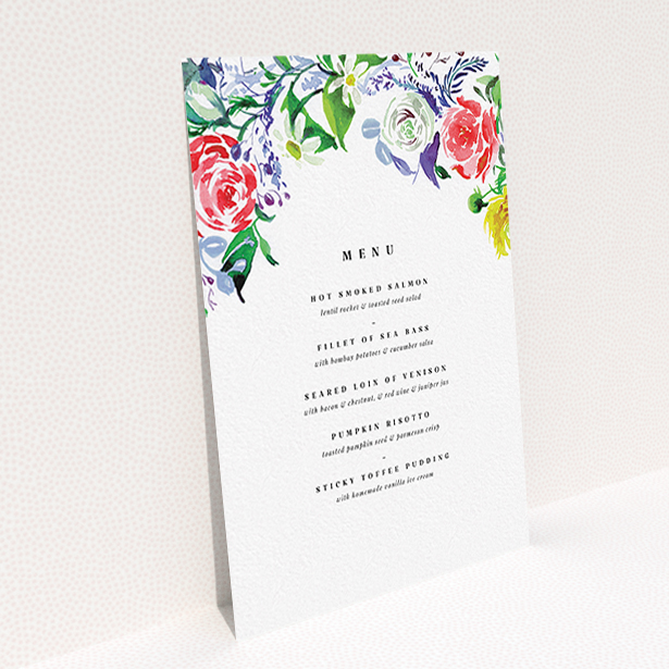 A wedding menu card design titled "The flowerbed". It is an A6 menu in a portrait orientation. "The flowerbed" is available as a flat menu, with tones of white and green.