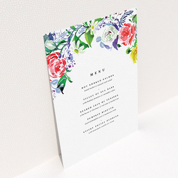 A wedding menu card design titled "The flowerbed". It is an A6 menu in a portrait orientation. "The flowerbed" is available as a flat menu, with tones of white and green.