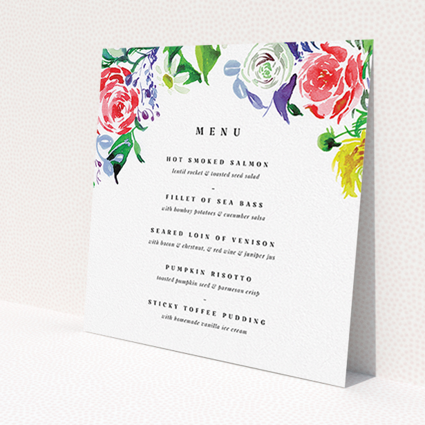 A wedding menu card called 'The flowerbed'. It is a square (148mm x 148mm) menu in a square orientation. 'The flowerbed' is available as a flat menu, with tones of white and green.