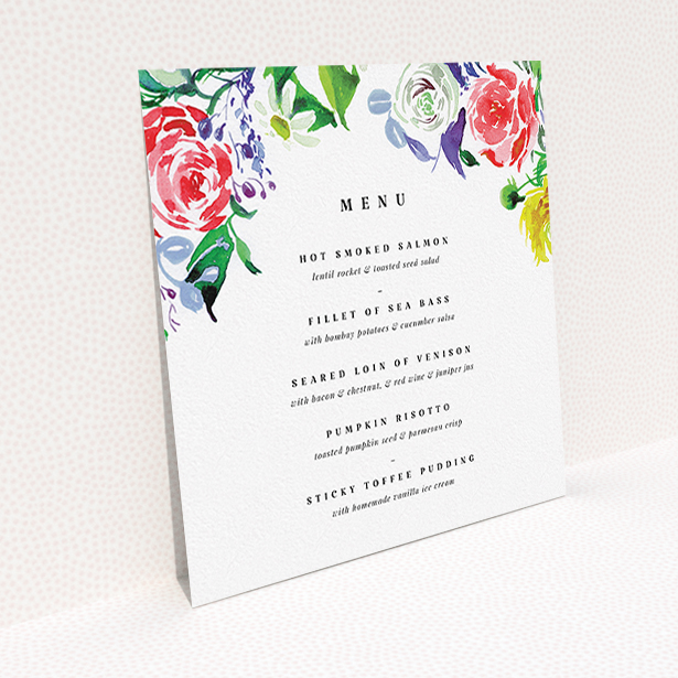 A wedding menu card called "The flowerbed". It is a square (148mm x 148mm) menu in a square orientation. "The flowerbed" is available as a flat menu, with tones of white and green.