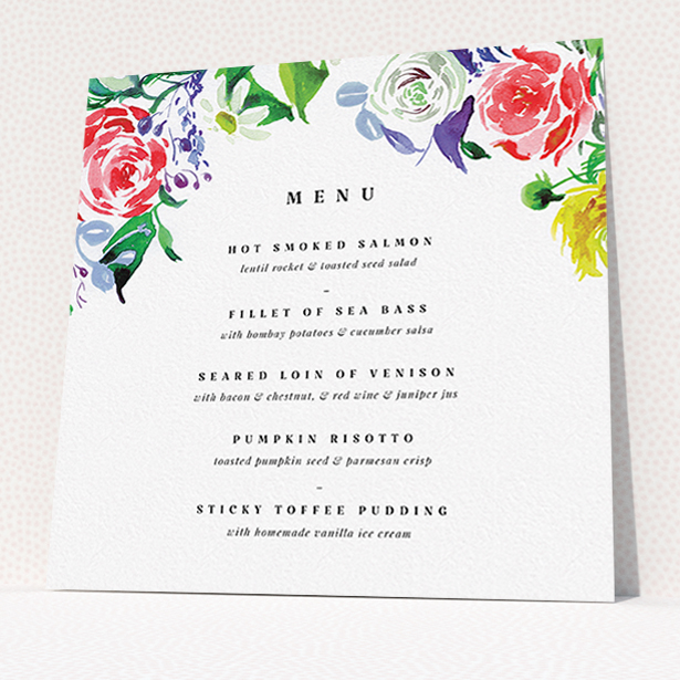 A wedding menu card called "The flowerbed". It is a square (148mm x 148mm) menu in a square orientation. "The flowerbed" is available as a flat menu, with tones of white and green.