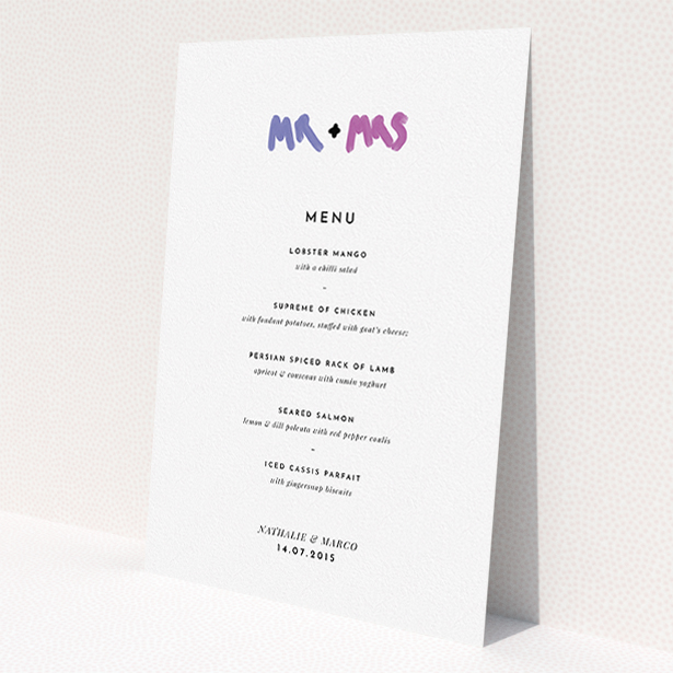 A wedding menu card design named 'The New Mr and Mrs'. It is an A5 menu in a portrait orientation. 'The New Mr and Mrs' is available as a flat menu, with tones of white and blue.