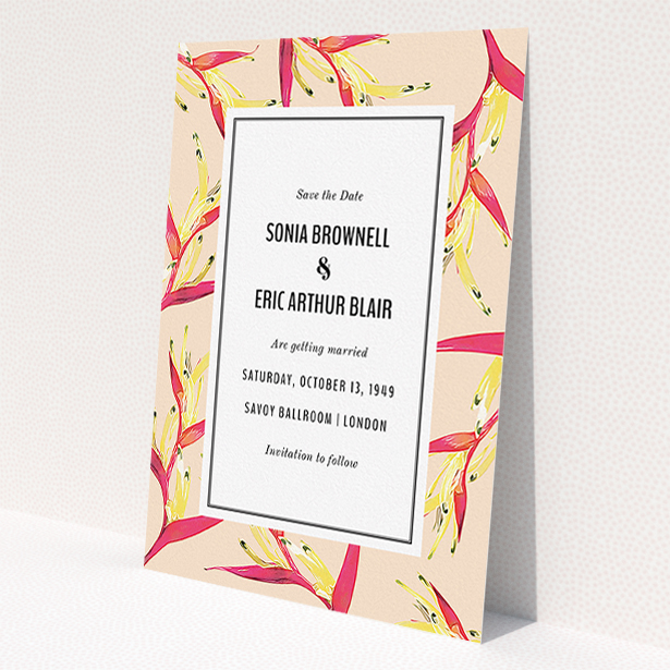 A wedding save the date design called 'Birds of paradise'. It is an A5 save the date in a portrait orientation. 'Birds of paradise' is available as a flat save the date, with tones of dark cream and red.