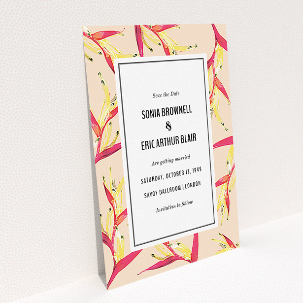 A wedding save the date design called "Birds of paradise". It is an A5 save the date in a portrait orientation. "Birds of paradise" is available as a flat save the date, with tones of dark cream and red.