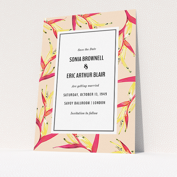 A wedding save the date design called "Birds of paradise". It is an A5 save the date in a portrait orientation. "Birds of paradise" is available as a flat save the date, with tones of dark cream and red.