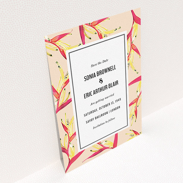 A wedding save the date design called "Birds of paradise". It is an A5 save the date in a portrait orientation. "Birds of paradise" is available as a flat save the date, with tones of dark cream and red.