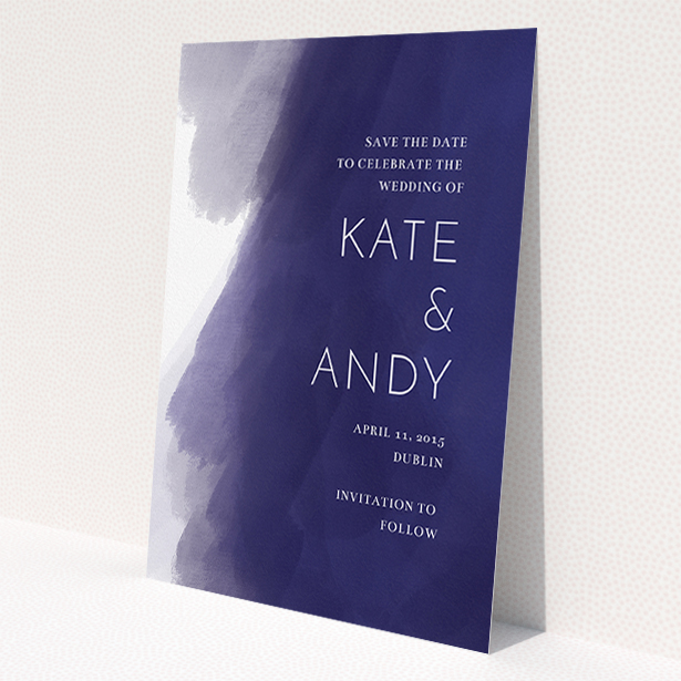 A wedding save the date named 'Blue and Cream'. It is an A5 save the date in a portrait orientation. 'Blue and Cream' is available as a flat save the date, with tones of blue and white.