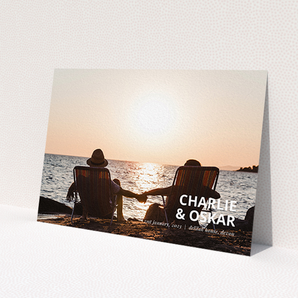 A wedding save the date design titled 'Bold Corner Photo'. It is an A6 save the date in a landscape orientation. It is a photographic wedding save the date with room for 1 photo. 'Bold Corner Photo' is available as a flat save the date, with mainly white colouring.