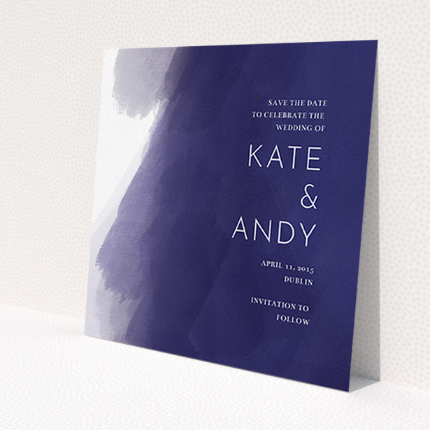 A wedding save the date card called 'Blue and Cream'. It is a square (148mm x 148mm) card in a square orientation. 'Blue and Cream' is available as a flat card, with tones of blue and white.