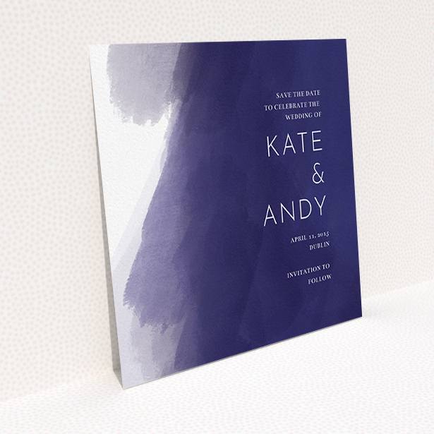 A wedding save the date card called "Blue and Cream". It is a square (148mm x 148mm) card in a square orientation. "Blue and Cream" is available as a flat card, with tones of blue and white.