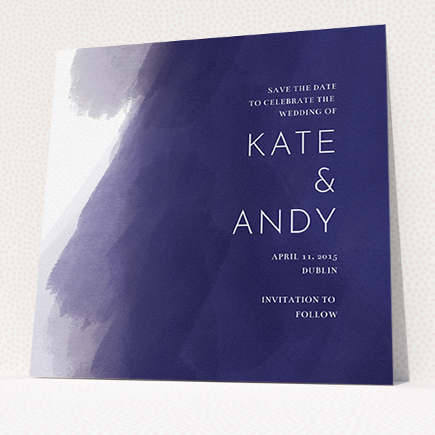 A wedding save the date card called "Blue and Cream". It is a square (148mm x 148mm) card in a square orientation. "Blue and Cream" is available as a flat card, with tones of blue and white.