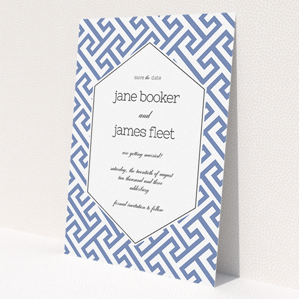 A wedding save the date card called 'Blue and white maze'. It is an A5 card in a portrait orientation. 'Blue and white maze' is available as a flat card, with tones of blue and white.