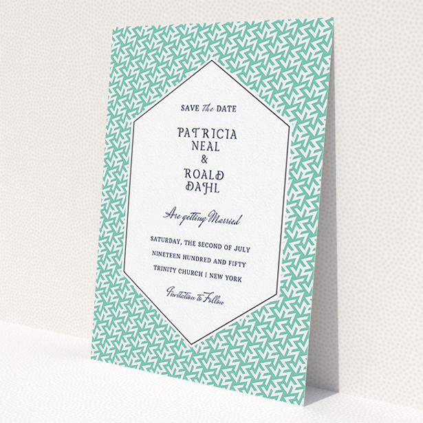 A wedding save the date card template titled 'Born in the 80s'. It is an A5 card in a portrait orientation. 'Born in the 80s' is available as a flat card, with tones of green and white.