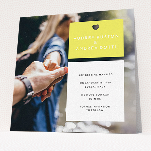 A wedding save the date card named "Boxed In". It is a square (148mm x 148mm) card in a square orientation. It is a photographic wedding save the date card with room for 1 photo. "Boxed In" is available as a flat card, with mainly yellow colouring.