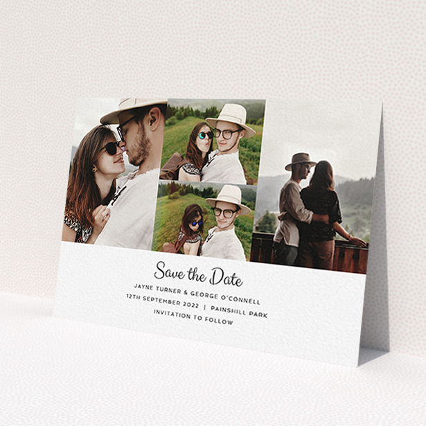 A wedding save the date card named 'Cheek by Jowl'. It is an A6 card in a landscape orientation. It is a photographic wedding save the date card with room for 4 photos. 'Cheek by Jowl' is available as a flat card, with mainly white colouring.