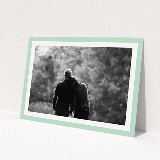 A wedding save the date card template titled 'Classic Mint Photo Frame'. It is an A6 card in a landscape orientation. It is a photographic wedding save the date card with room for 1 photo. 'Classic Mint Photo Frame' is available as a flat card, with tones of green and white.